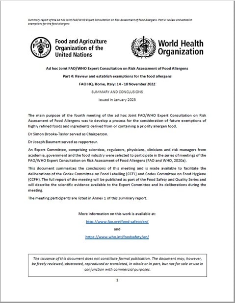 Ad hoc Joint FAO/WHO Expert Consultation on Risk Assessment of Food Allergens Part 4: Review and establish exemptions for the food allergens