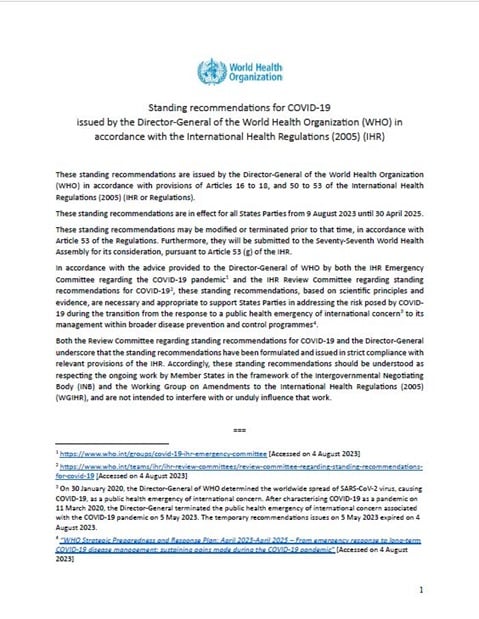Standing recommendations for COVID-19 issued by the Director-General of the World Health Organization (WHO) in accordance with the International Health Regulations (2005) (IHR)