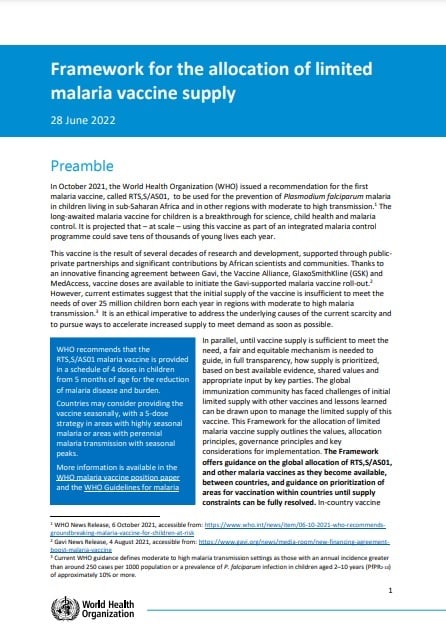 Framework for the allocation of limited malaria vaccine supply